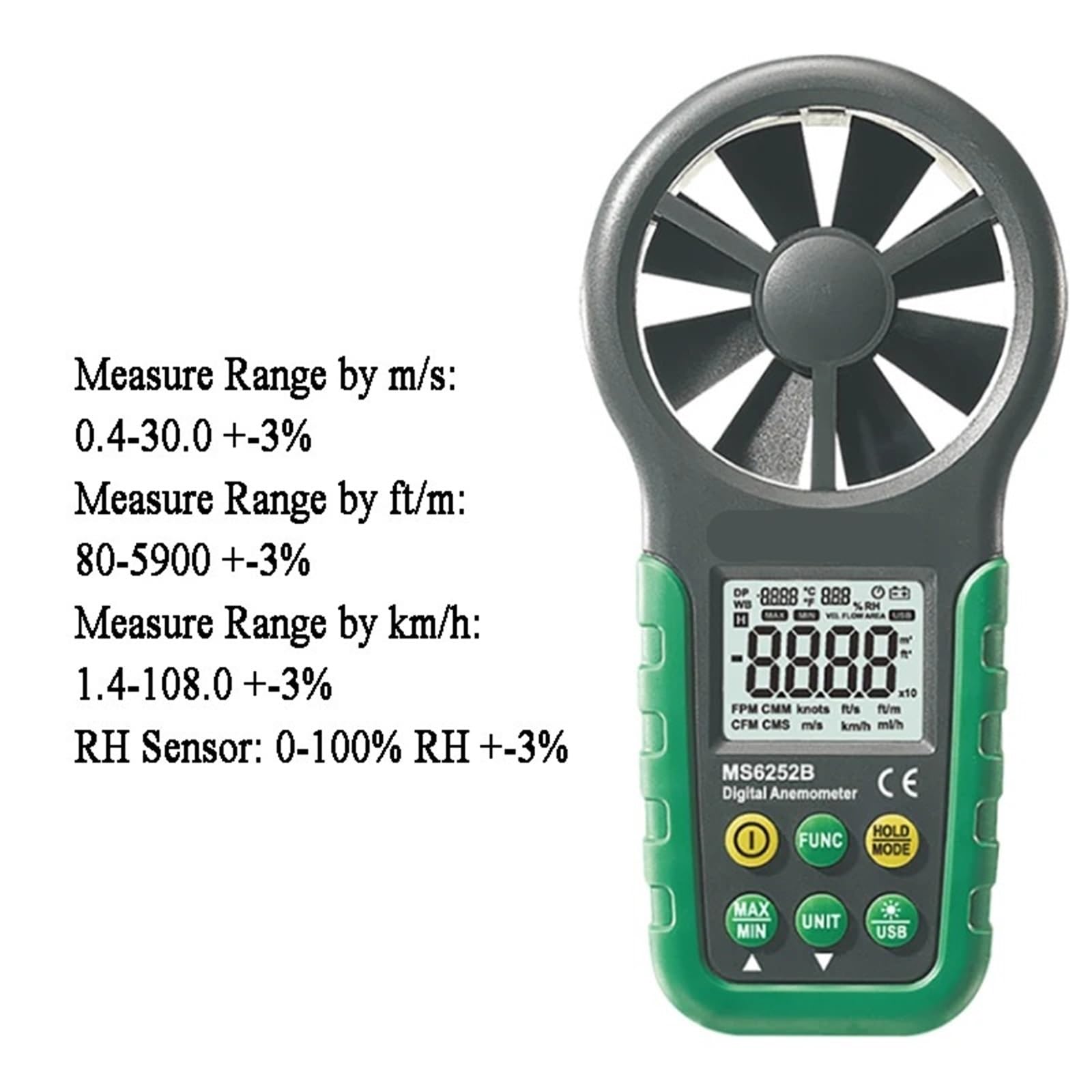 Anemómetro, Anemómetro digital LCD electrónico, medidor de velocidad del viento y volumen de aire con pantalla de temperatura y humedad.