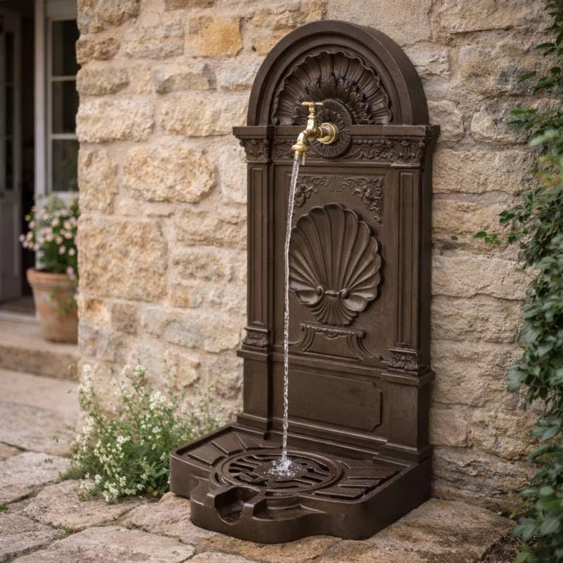 Fontaine de Jardin à Poser Source en Fonte d'Aluminium Patinée Marron avec Robinet Fonctionnel en Laiton 35x40x83cm