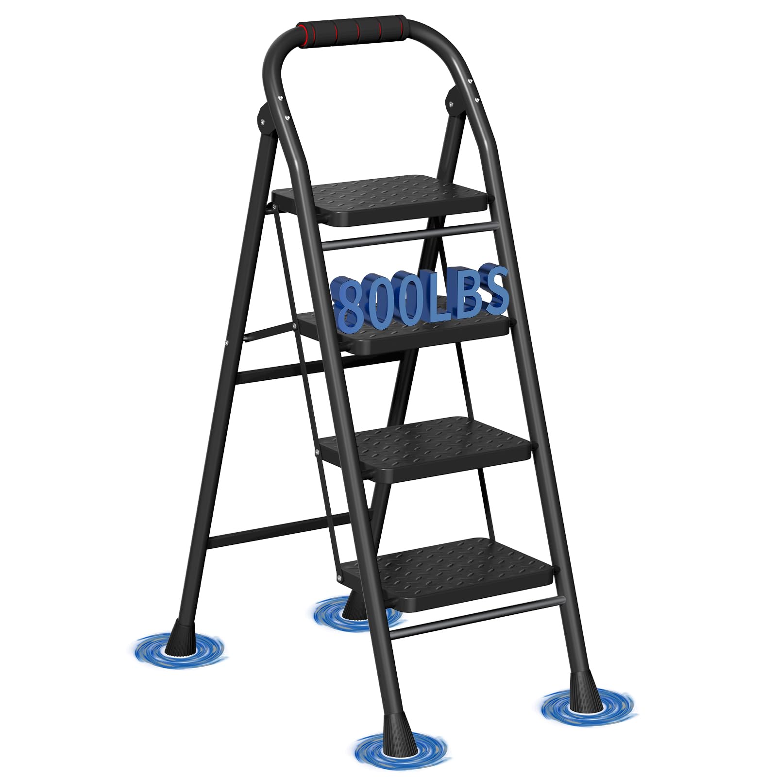 folding steel ladder with wide anti-slip pedals, multi-purpose step stool for home, kitchen and office (black, 4 step)