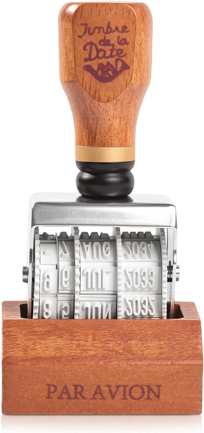 Roller Date Stamp, DIY Day Month Year Stamper for 2026-2037, Natural Wood Color Roller Stamp for Library, Scrapbooking, Crafting and Daily Marking