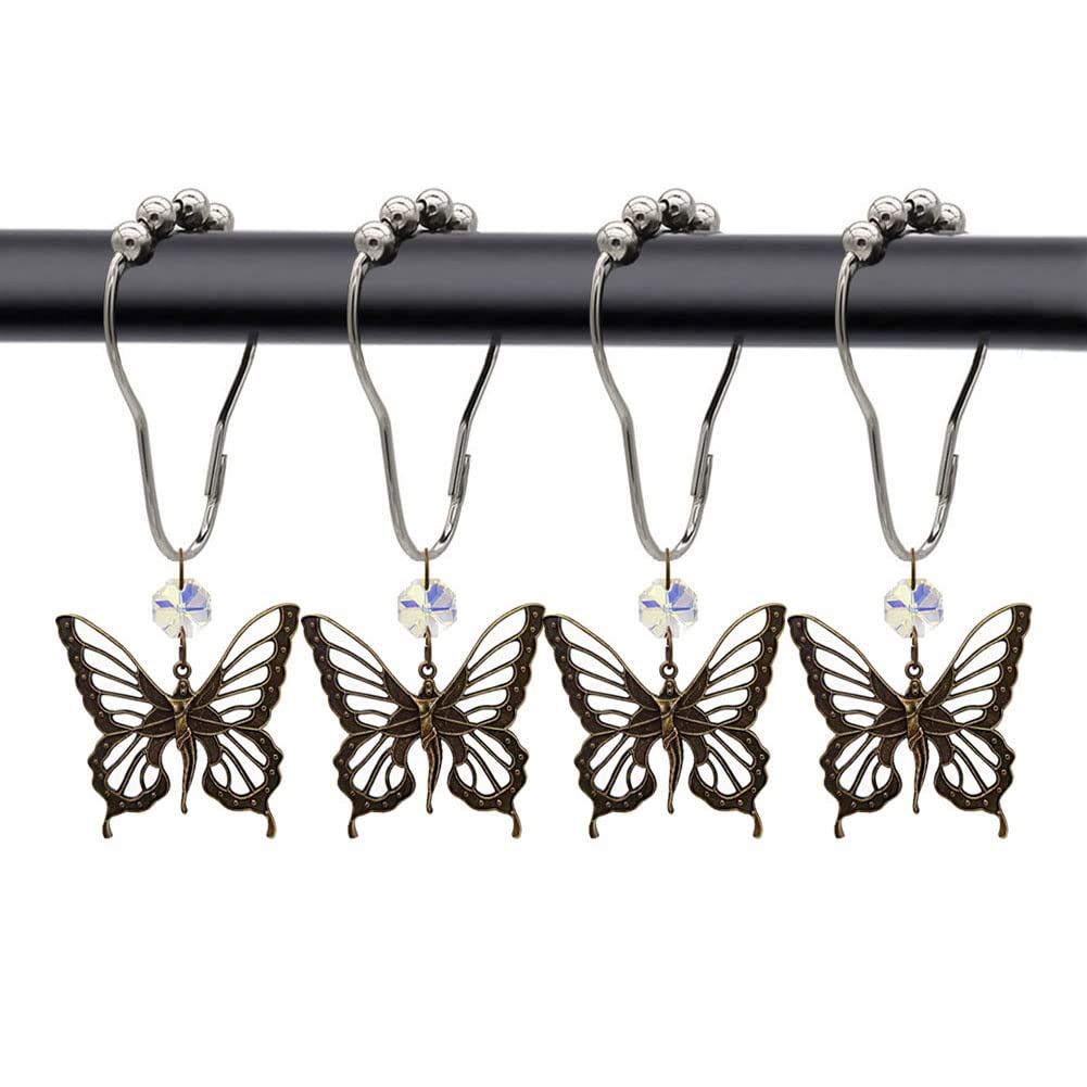 Butterfly Shower Curtain Hooks Bathroom Decor, Rustproof Metal Stainless Steel Shower Curtain Rings Set of 12 with Crystal Beads Angel Butterfly
