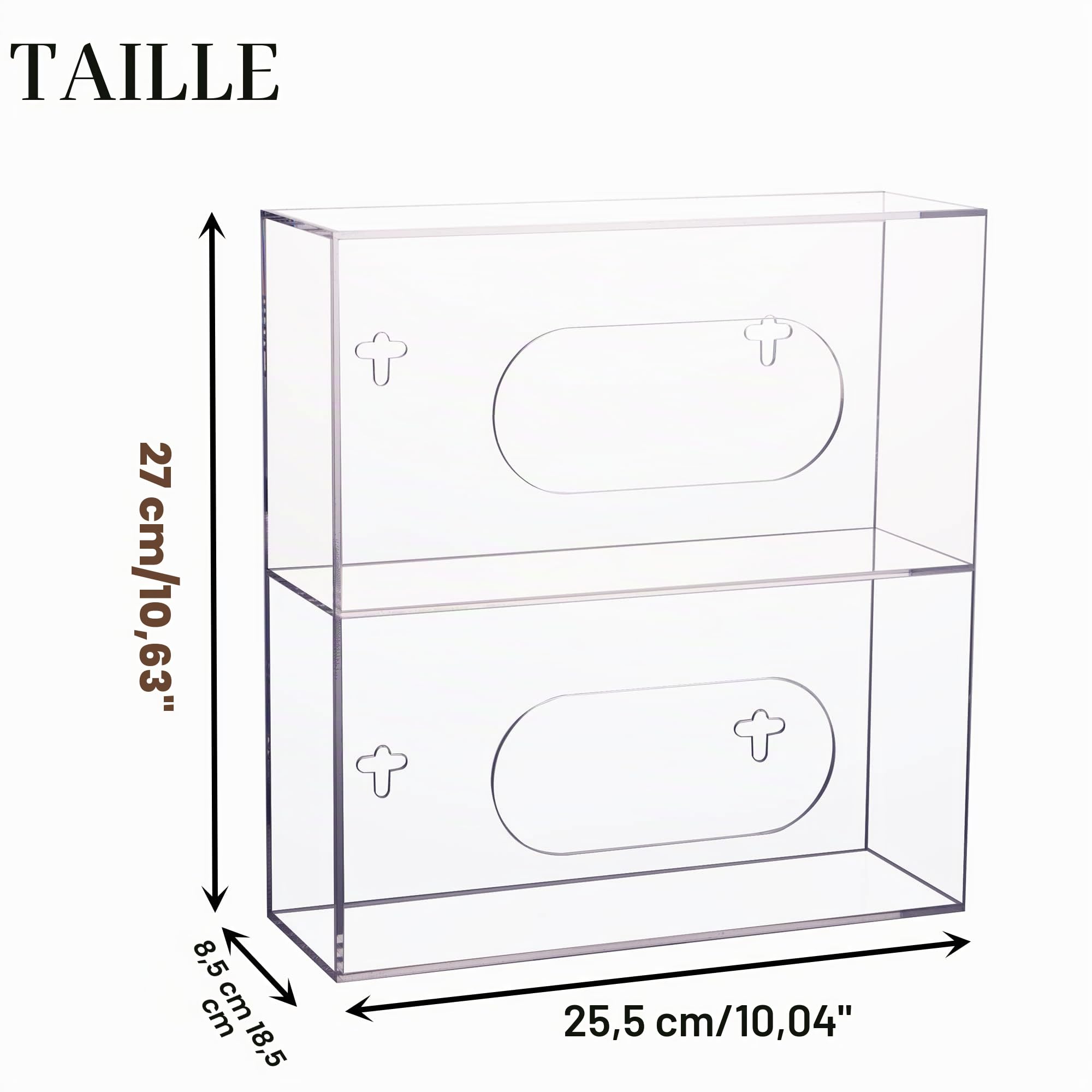 Distributeur de boîte à gants en acrylique - Fixation murale Double Pour médical, latex, caoutchouc, nitrile, examen, boîtes jetables, mouchoirs Transparent, 25.5 x 8.5 x 27 cm