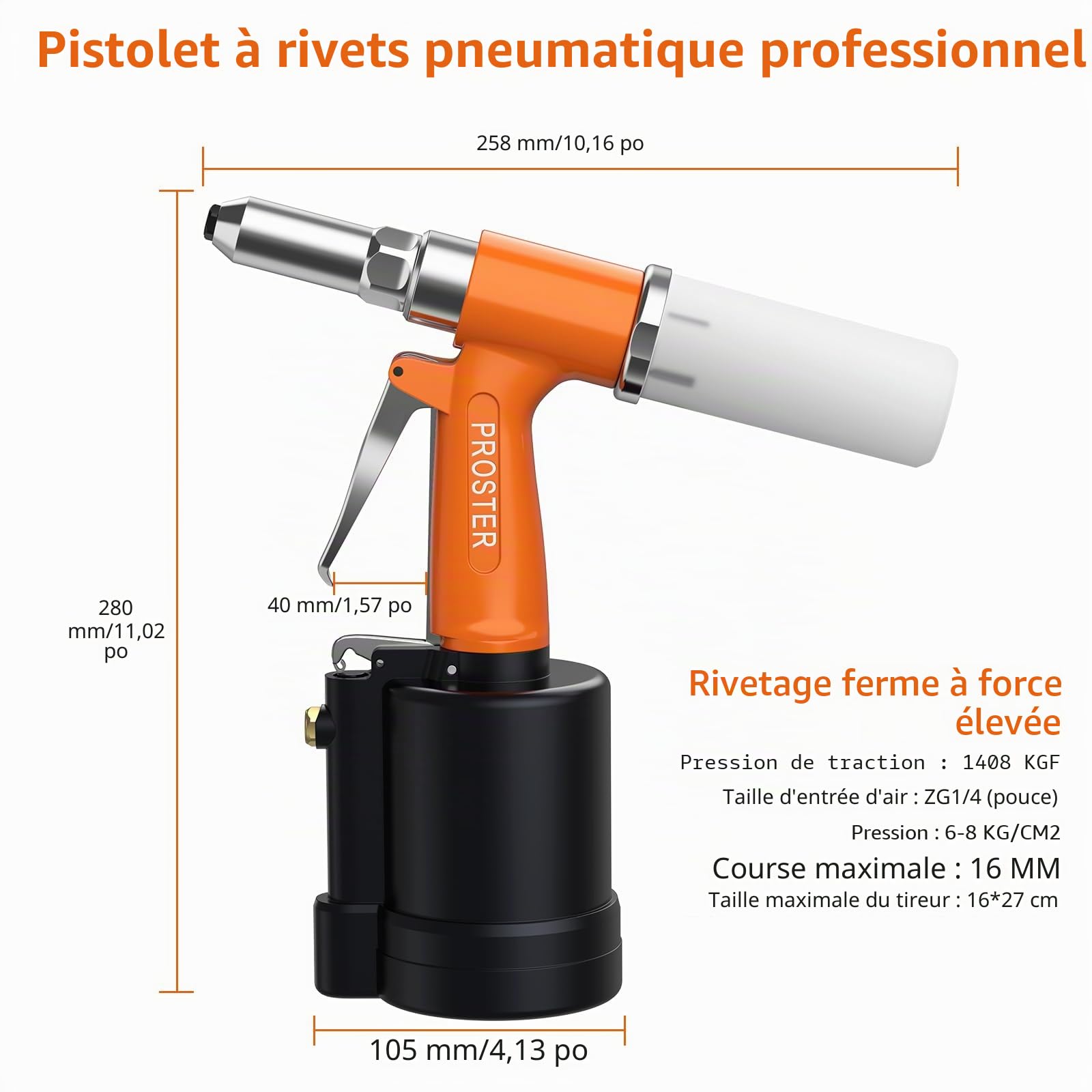Proster Riveteuse Pneumatique Hydraulique 1408KGF Professionnelle avec 4 Embouts (2.4/3.2/4.0/4.8mm) – Pistolet à Riveter à Air Compatible Aluminium et Acier pour Carrosserie/Atelier/Construction
