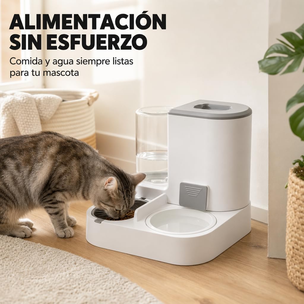 Comedero y Bebedero automático 2 en 1 para Gatos y Perros – Dispensador de Comida 2,2 L y Agua 1 L, diseño Compacto, Materiales Resistentes, Color Gris – Uso Diario en Interiores