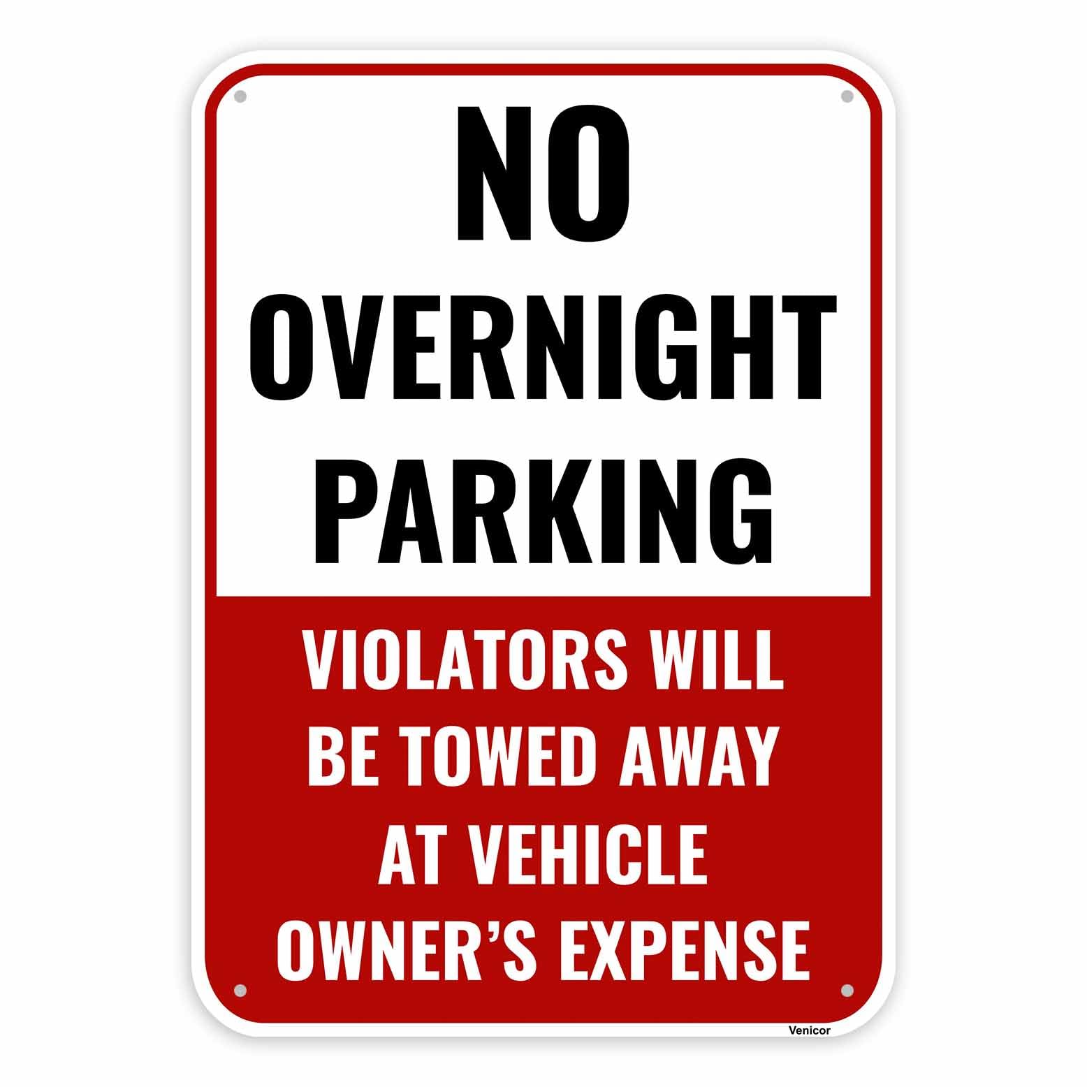 No Overnight Parking Aluminum Sign, Tow Warning Plaque, 12x8 Inch