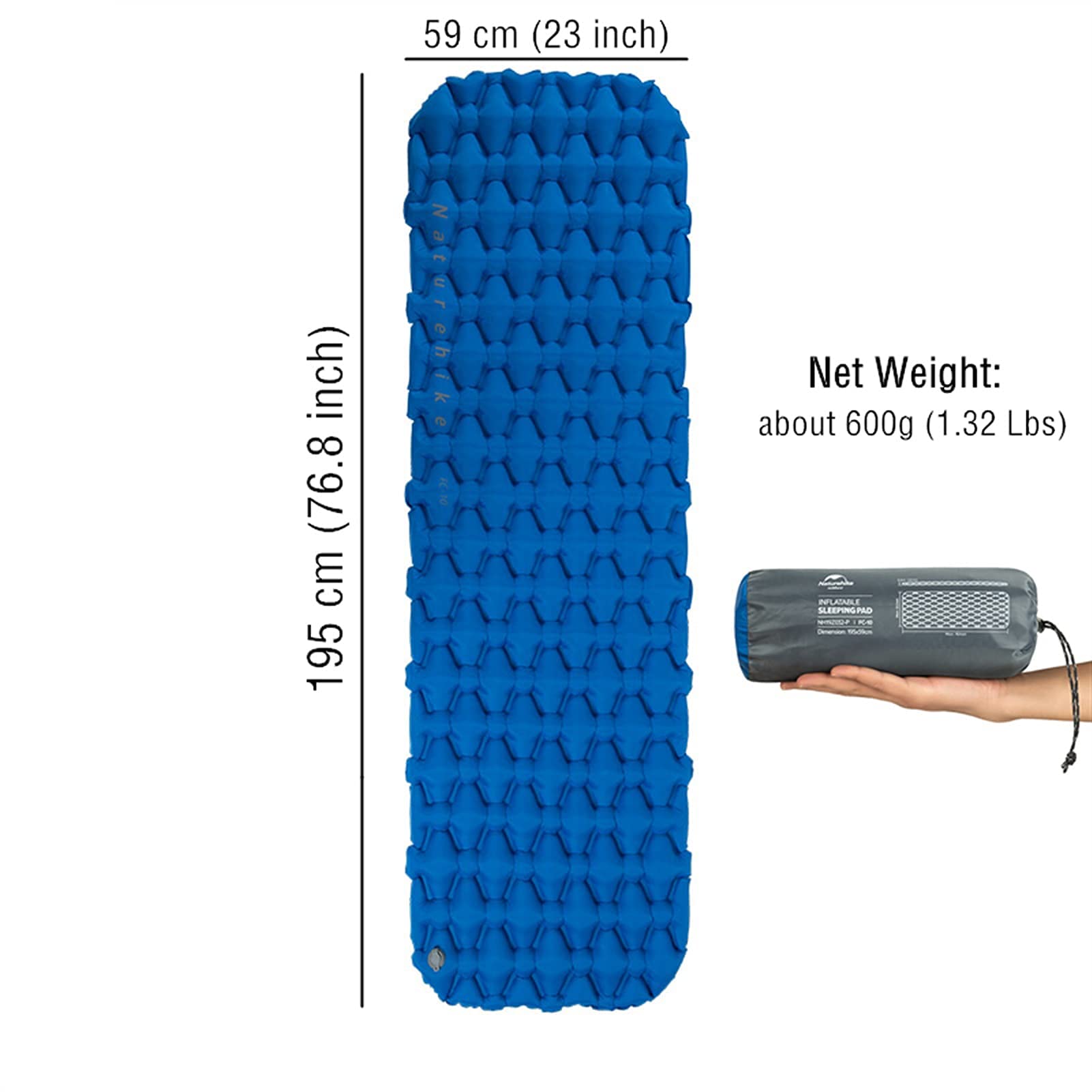 Tapis De Camping Gonflable Ultraléger – 195 X 60 X 5 Cm – Avec Oreiller Intégré Et Pompe à Pied