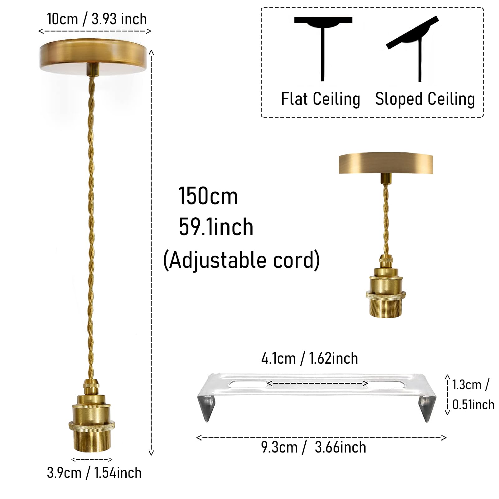 2 Piezas Soporte de Techo Lámpara E27 Metal Para Lámparas Colgante con Cable Ajustable 150cm Dorado Iluminación Colgante con Anillo Roscado Compatible Pantalla