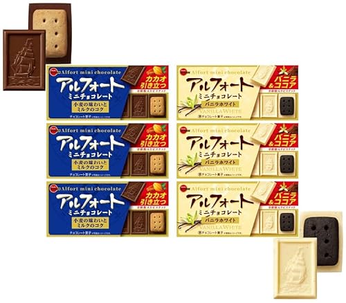 Konbini Japan - Alfort Mini Chocolate, Japanese Assorted Cookie Set, 3 Classic Milk and 3 Vanilla White Biscuits, (Pack of 6)