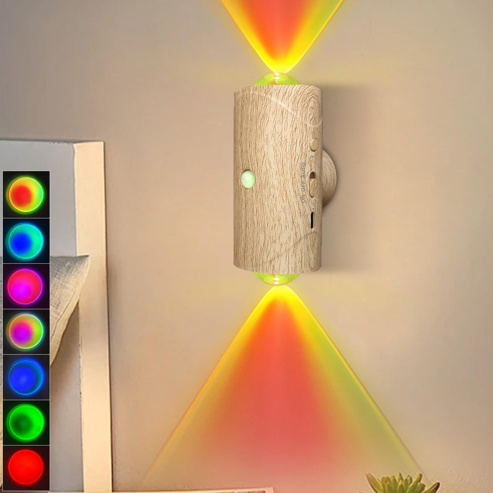 LED Wireless Wall Sconce with 7 Colors Changing, Motion Sensor Light Indoor, 1500mAh Rechargeable Battery Operated Wall Sconces for Bedroom Bedside Hallway Courtyard Doorway (Wood-Colored)