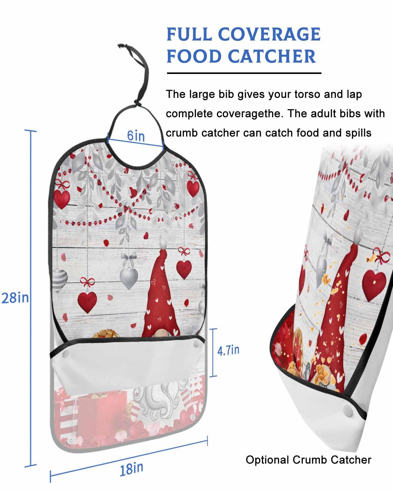LEOKOTI Valentines Gnomes Adult Bibs for Eating, Waterproof Bibs with Food Catcher & Adjustable Snap Closure, Red Grey Love Heart Botanical Wooden Washable Clothing Protectors Adult Bibs for Elderly