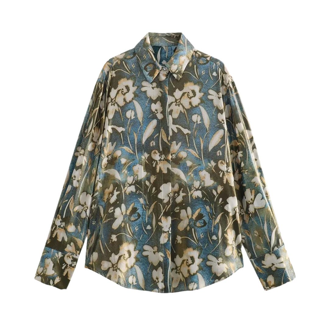 Primavera Donne Retro Polo Collo Metallo Stampa Camicia A Vita Alta Pieghe Mezza Gonna Set