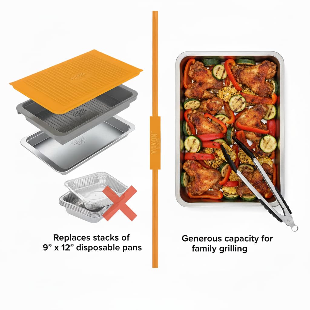 Yukon Glory Grill Prep Tray Set, Edelstahl Servierplatte Marinade Wanne | Marinierbehälter mit Deckel, Grillschale und Grillschale für den Außengrill, 45,7 x 29 cm, spülmaschinenfest