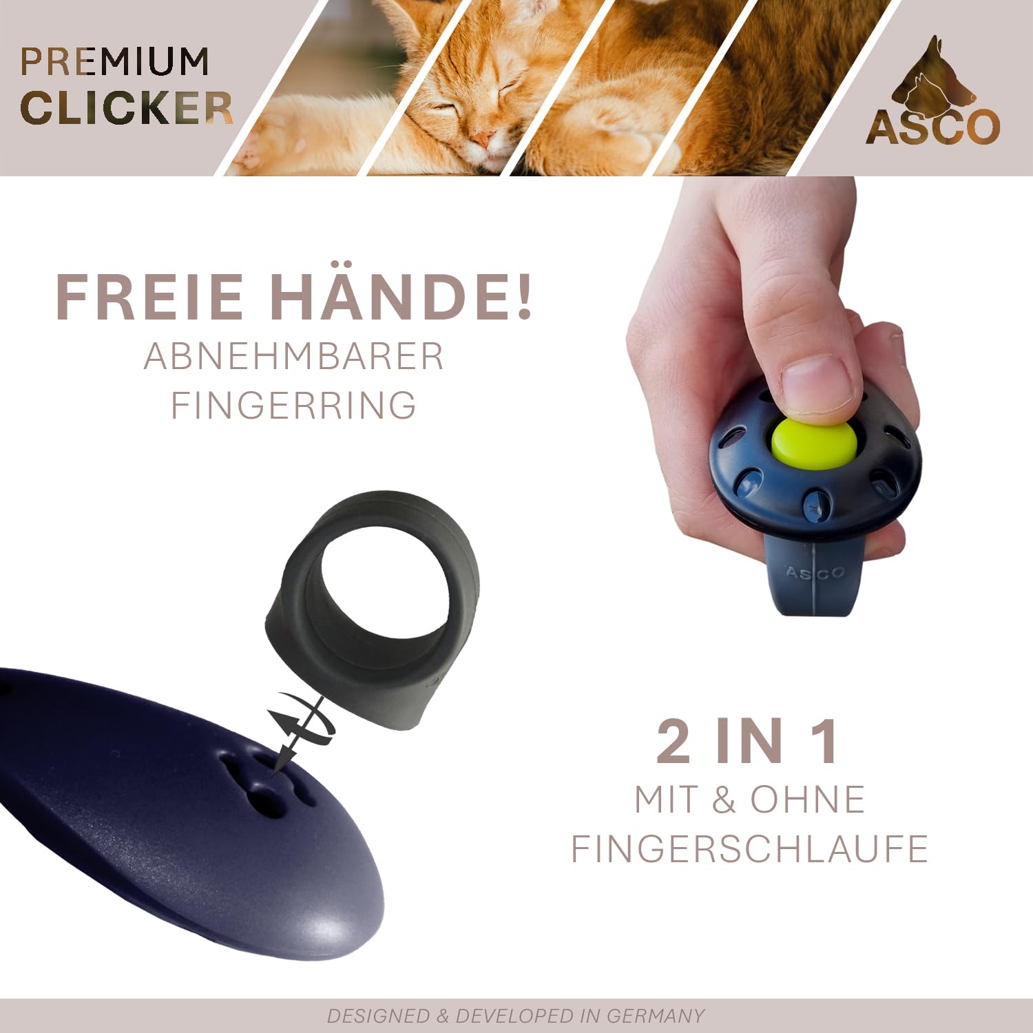 ASCO Finger Clicker, clicker Haut de Gamme pour Le Dressage au clicker, Chiens, Chats, Chevaux, clicker Professionnel, clicker pour Le Dressage des Chiens, Noir AC01F