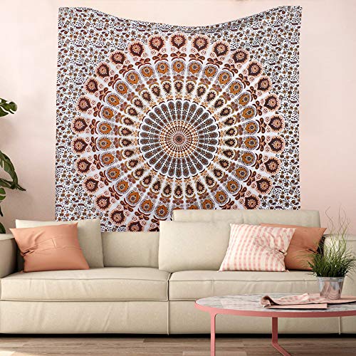 Bless International Indian hippie Bohemian Psychedelic Peacock Mandala Wall hanging Bedding Tapestry (Orange Brown - Image 3
