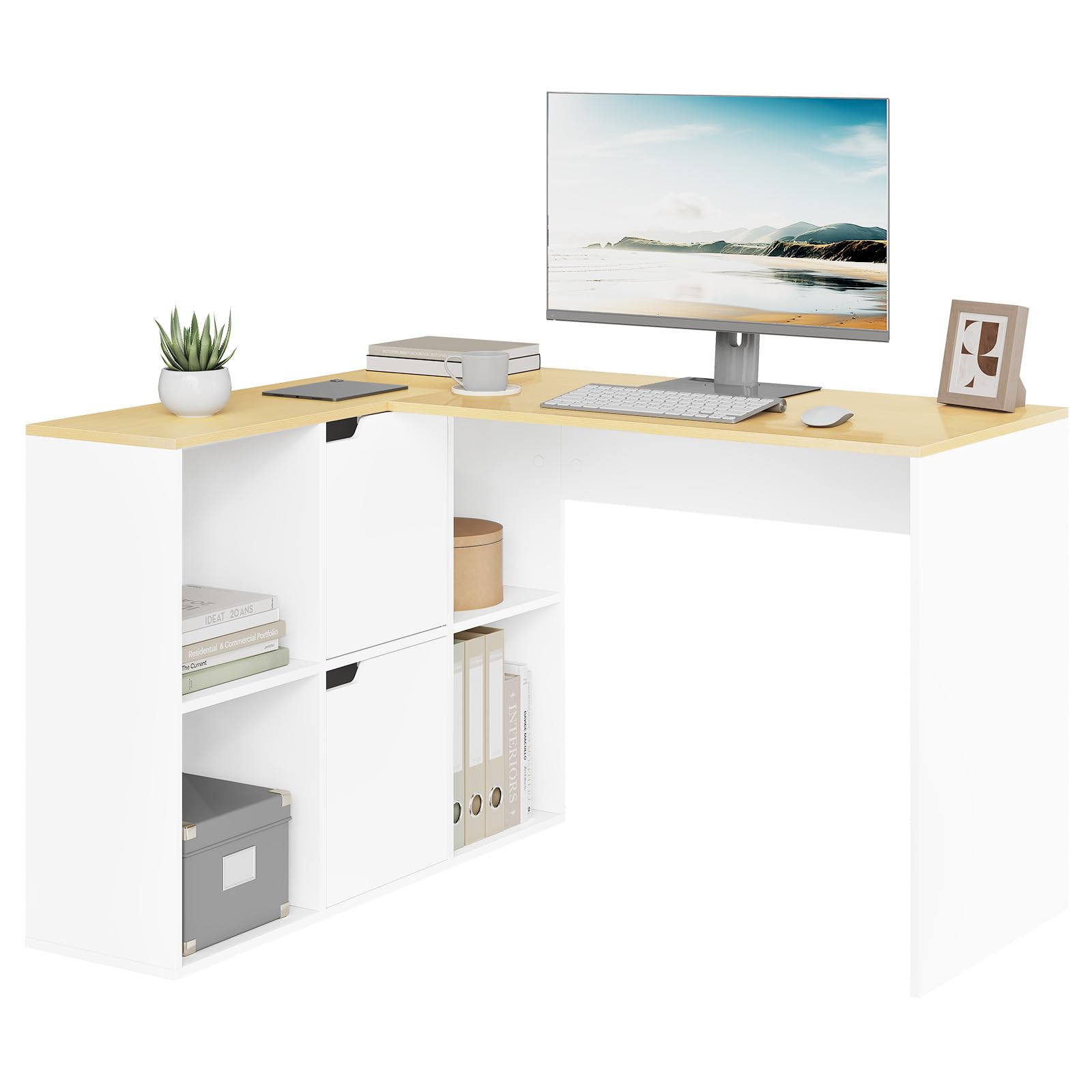 eSituro 120 cm Bureau d'angle en L avec 4 Étagères + 2 Armoires, Bureau Informatique avec Rangement, Table Ordinateur de Chambre, Double Plateau pour Travailler, Étudier, Beige Blanc | Rangement Fermé et Ouvert, 6 Casiers de Rangement, pour Études, Chambr