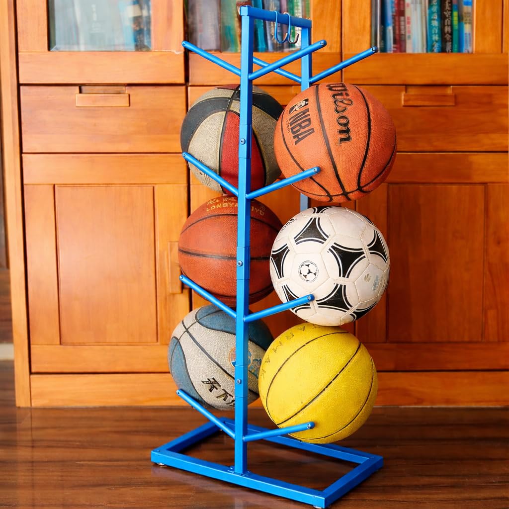 56168 Space saving Basketball Holder for Boys Room Decor - 34.5 Tall Double Side Metal Ball Rack Display Stand for Basketball Football Volleyball Storage,Ball Holder Sports Decor - Blue-picture-21