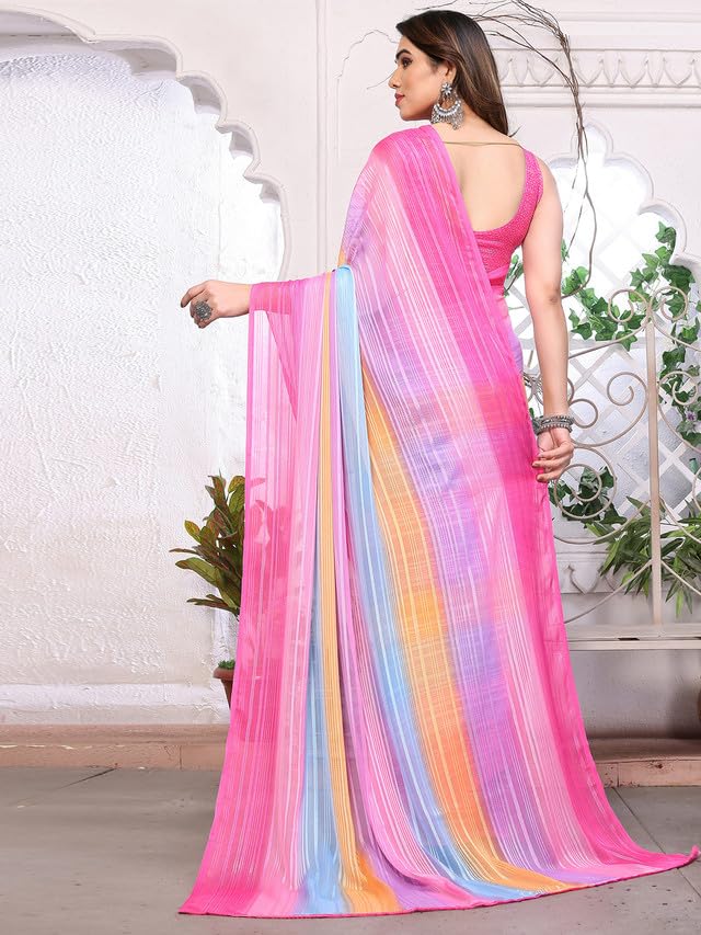 Satrani Women's Georgette Printed & Satin With Jari Stripes Saree With Unstitched Blouse Piece (3288S2361N_Pink & Multi3)