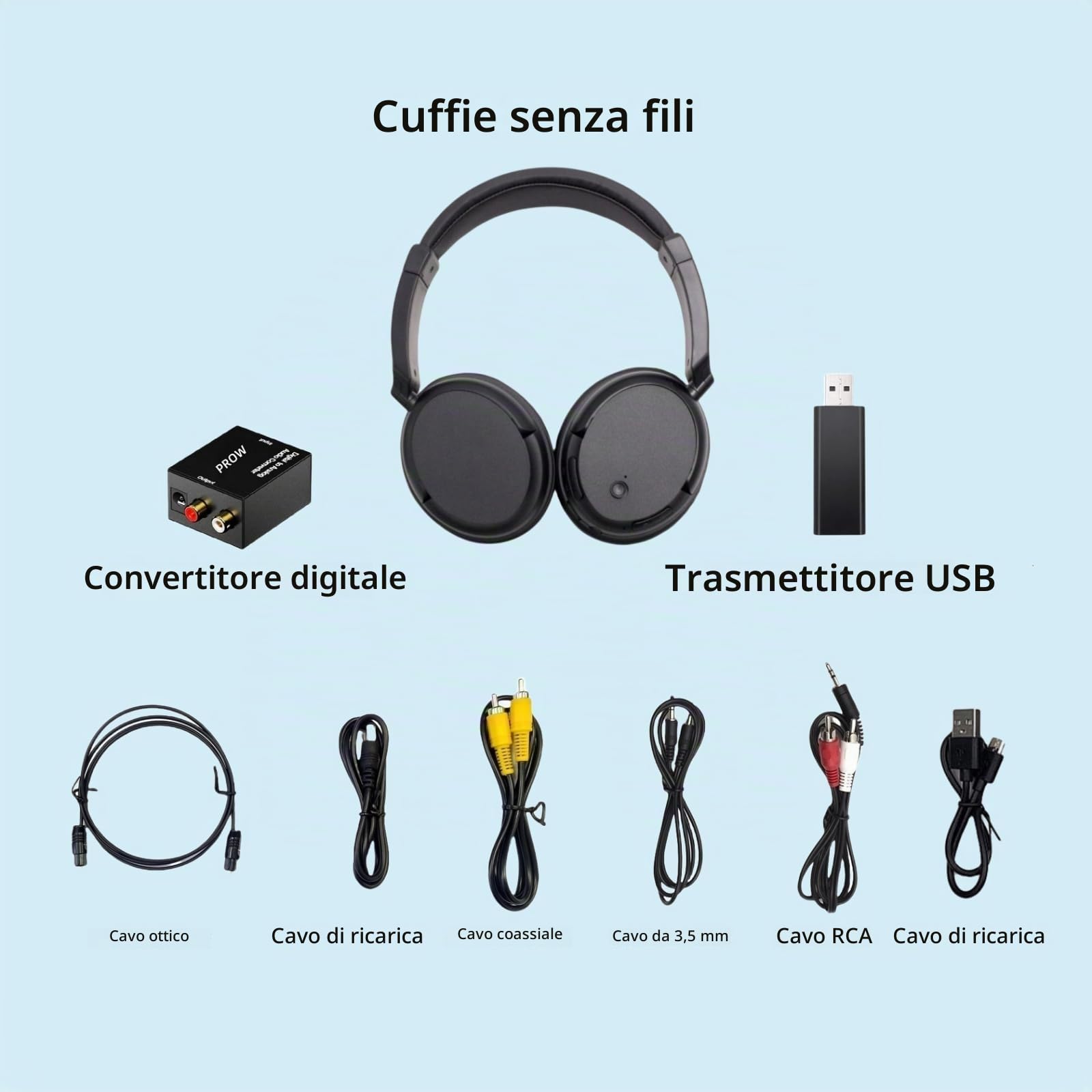 PROW Cuffie Bluetooth 5.3 Over-Ear con Funzione Radio, Cuffie TV Senza Fili Leggere per Anziani, 30 Ore di Riproduzione, Supporto Uscita Audio Coassiale Ottica RCA AUX USB