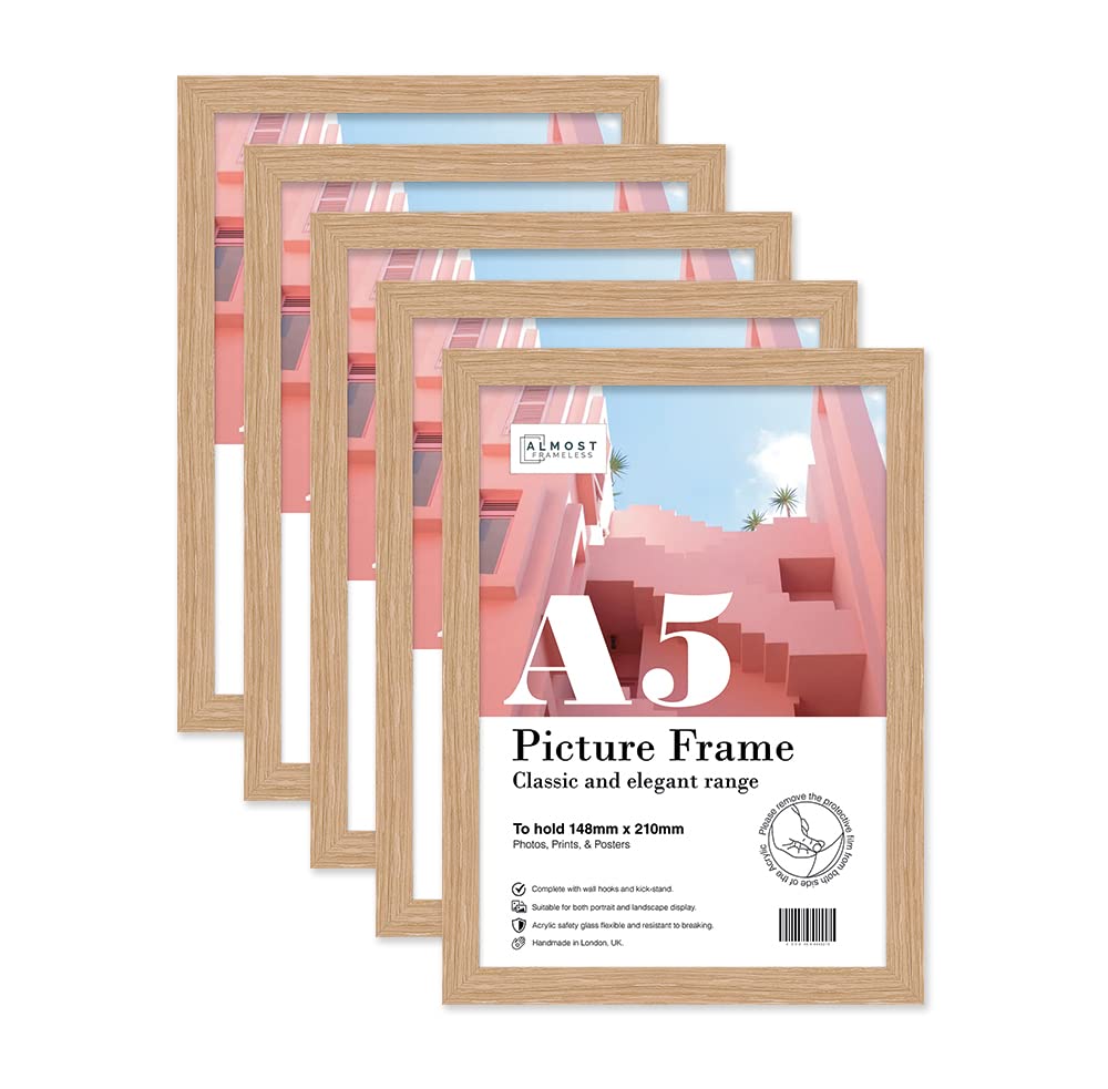 Almost Frameless A5 Oak Picture Frame Set of 5, Display A5 Picture Gallery Wall, Poster, Photo, Artwork, or Print, Oak