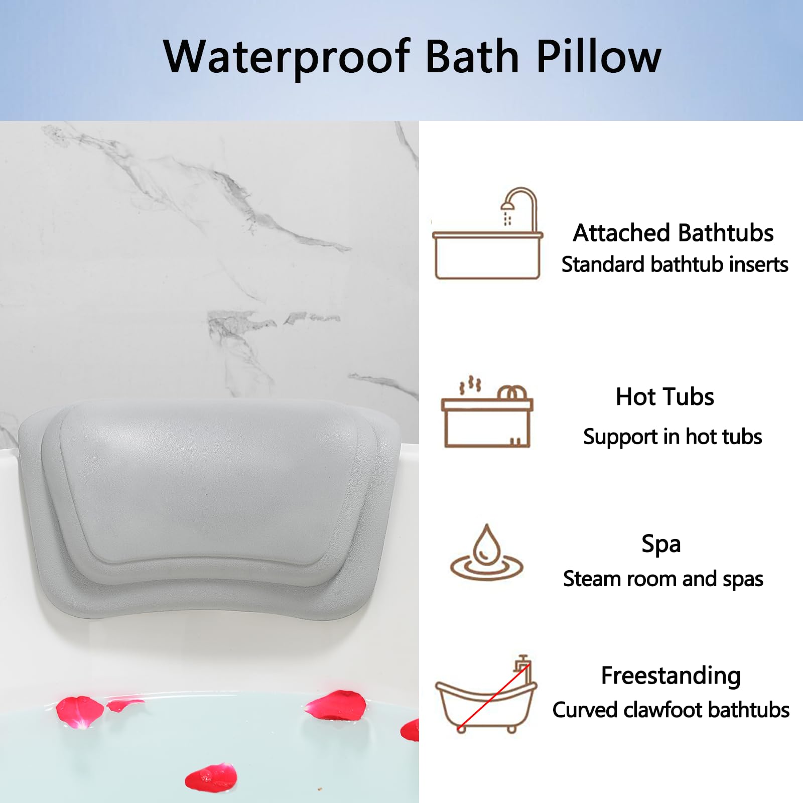 Lonkenn Almohada Bañera, Almohadas de Baño con Ventosas, Almohada Bañera Ergonómica, Waterproof Bath Headrest Bathtub para Todas Las Bañeras, SPA en Casa Bañera de Hidromasaje-Gris