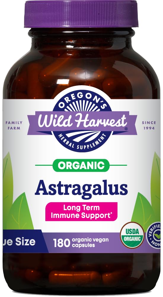 Oregon's Wild Harvest Non-GMO Certified Organic Astragalus Capsules Long Term Immune Support Herbal Supplements-180 Count