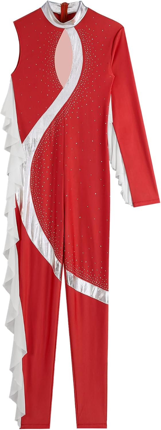 Women Gymnastics Jumpsuit Long Sleeve Full Body Unitard Color Block Figure Skating Jumpsuit