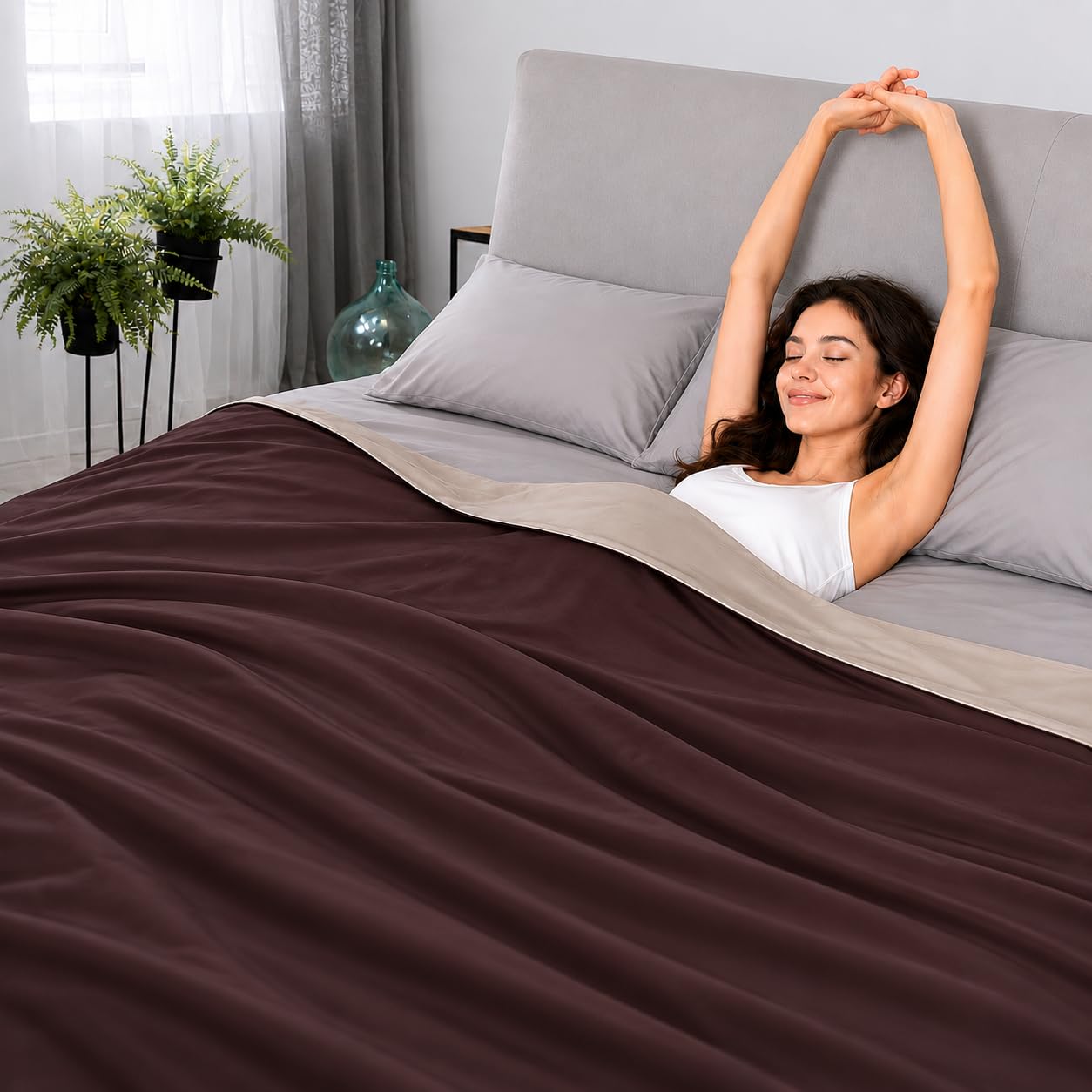 Cortina Cooling Blanket LargeTwin Size Summer Cooling Blanket for Hot Sleeper, Double-Sided Design Cold Blanket Thin Lightweight Breathable for Night Sweat Bed Couch Sofa -Brown-Beige 220 x 140-image-42