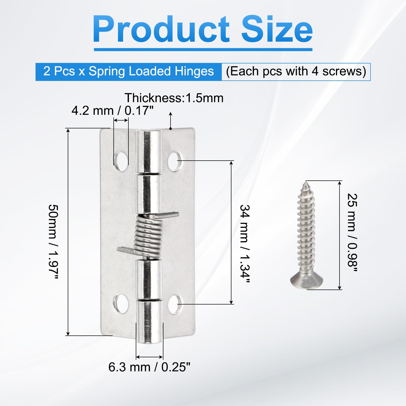 PATIKIL 2 Pcs Spring Loaded Hinges, 2" 304 Stainless Steel Self Closing Small Door Hinges with Screws for Cabinet Door - Image 2