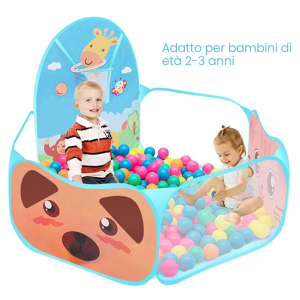 Tenda da gioco per bambini, automontante e pieghevole, con motivo stile cartone animati, con piscina per palline e canestro da basket per uso in ambienti interni ed esterni casetta per bambini