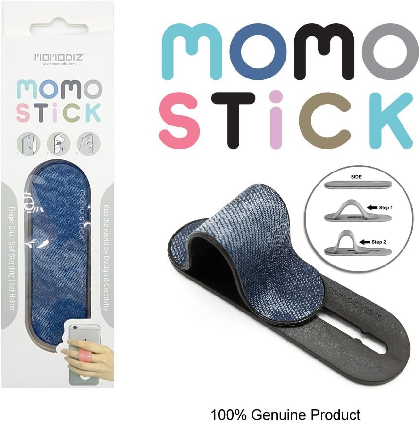[Blue Jean] New: Stand and Finger Grip for Any Smartphones (Compatible with iPhone & Android) with Reusable Sticky Gel Pad