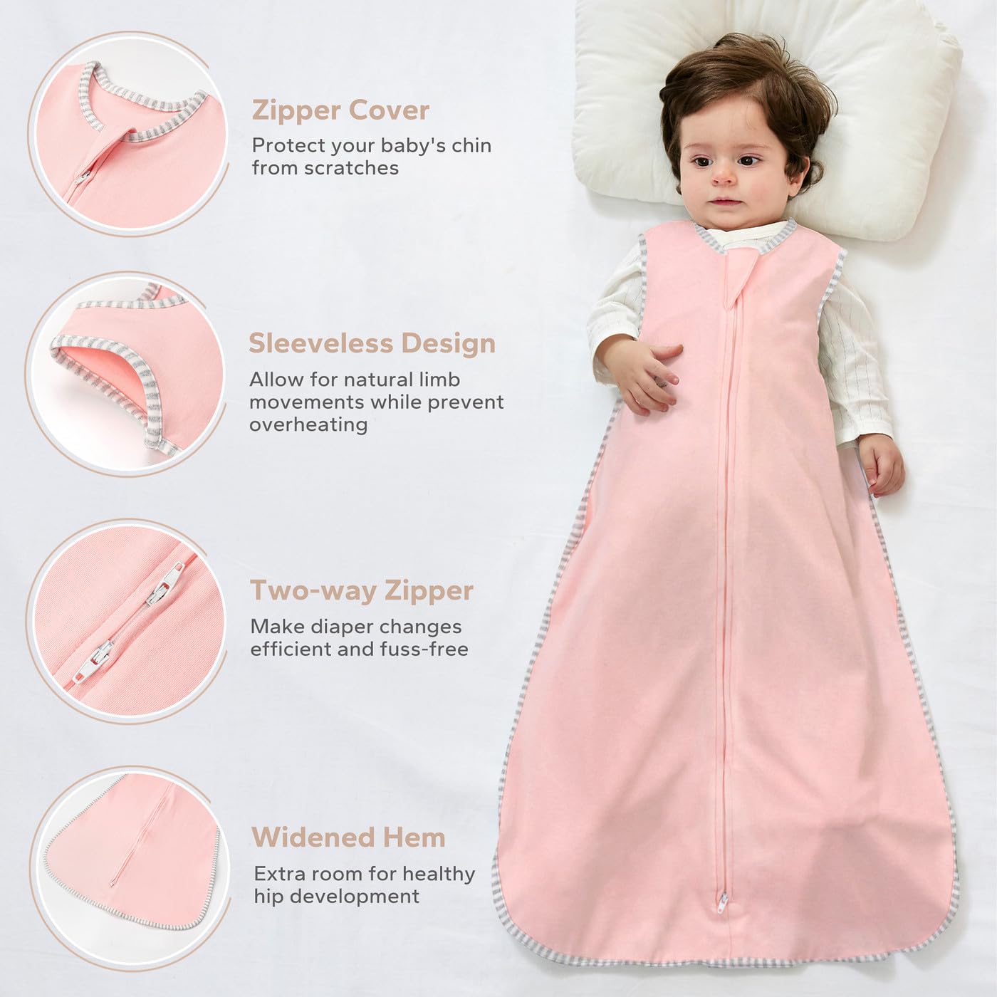 TURMIN Baby Sleeping Bag 1.0 Tog 6-12 Months 100% Cotton Newborn Sleep Sack, Sleeveless Baby Sleep Bag, Pink & Love - Image 3