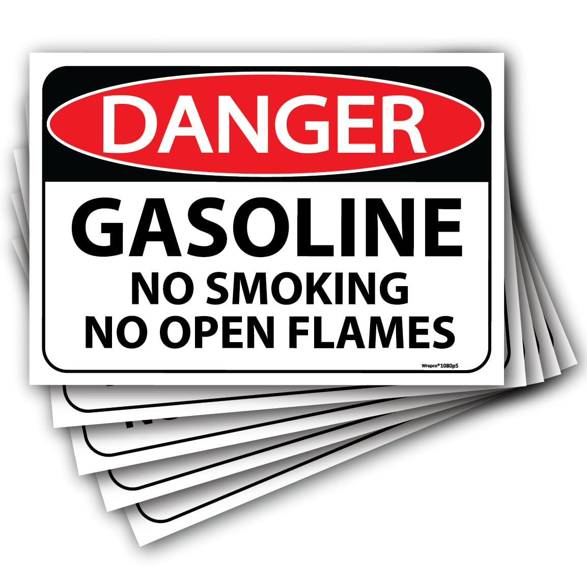 Wrapco (5 pack) Danger Gasoline No Smoking No Open Flames Sign 7"x10" Self Adhesive Gasoline Warning Sticker Decal For Business, Office, Tank Storage NFPA/OSHA