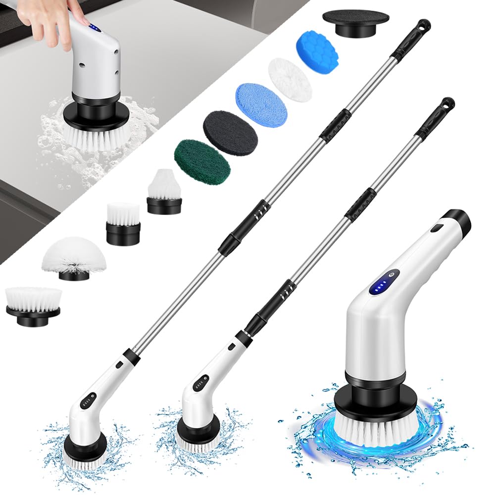 Electric Spin Scrubber Cordless Cleaning Brush with 9 Replaceable Brush Heads Tub and Floor Tile Power Scrubber with