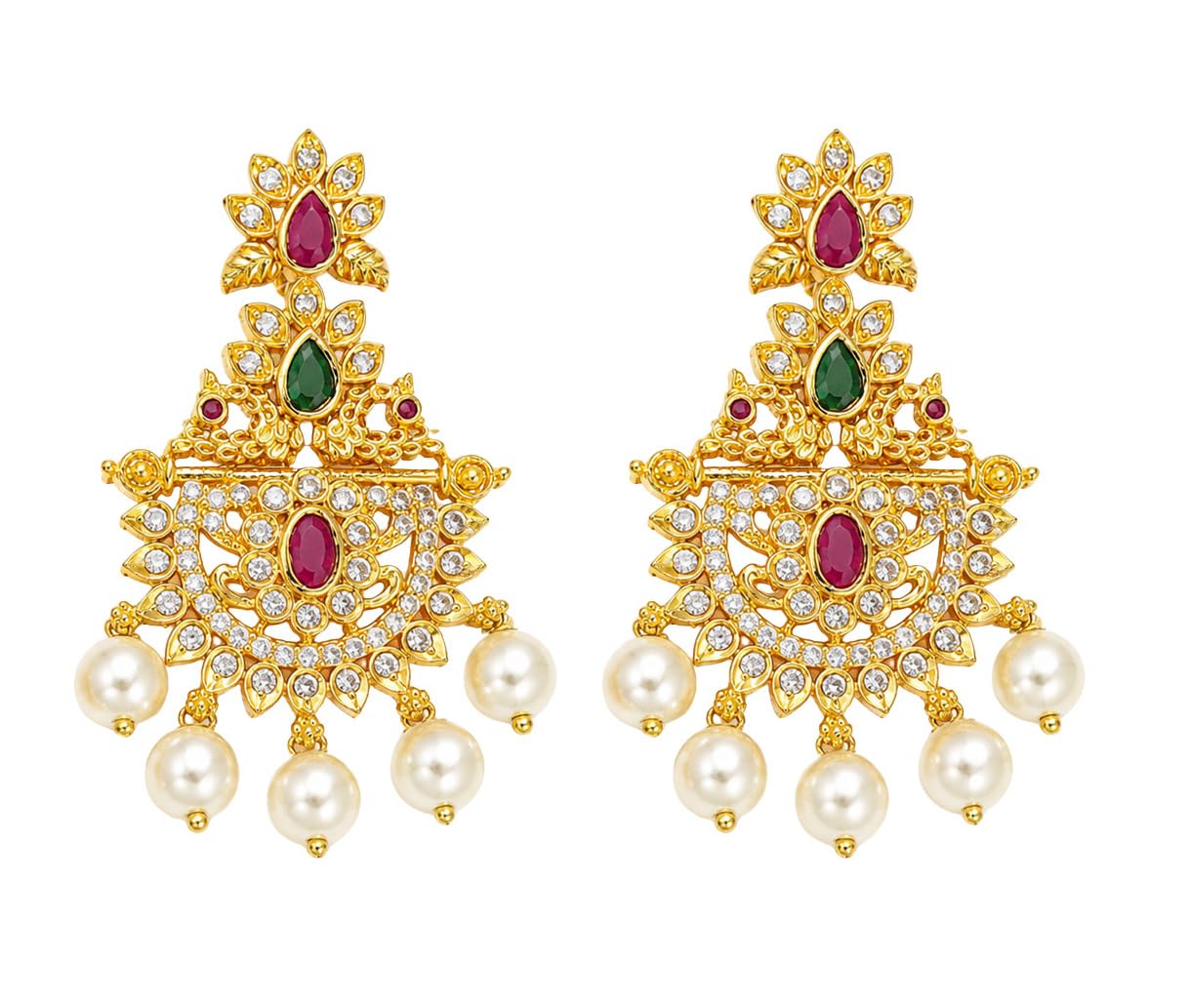 Gold Plated CZ Chandbali Earrings for Women & Girls | South Indian Temple Style Pearl Drop Earrings | Ruby Green Stone Traditional Bridal Wedding & Festive Jewellery-image-11