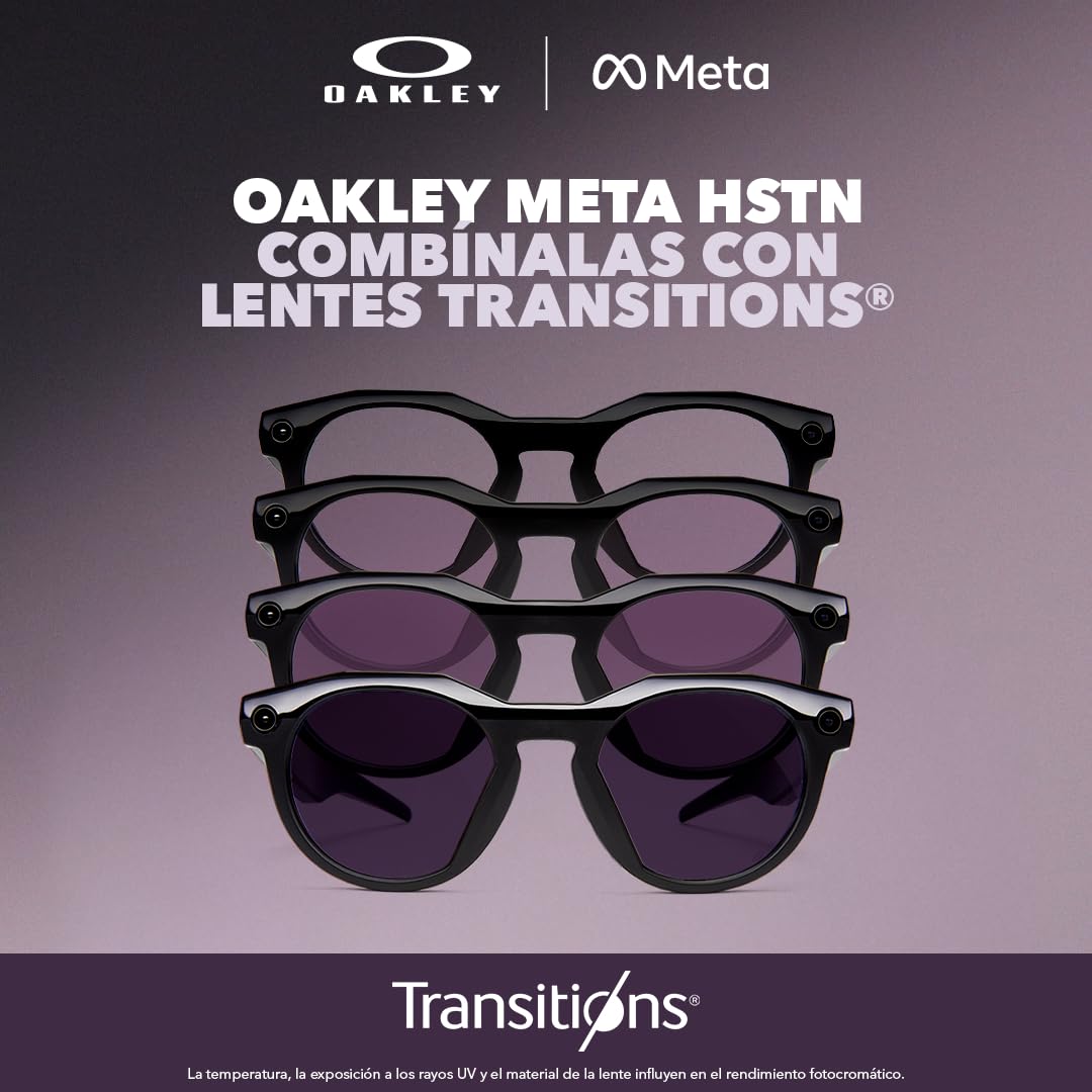 Oakley Meta HSTN Gafas IA para Hombre, Mujer — Gafas Deportivas y de Estilo de Vida — Cámara 12 MP, Video 60fps, Open-Ear Audio, Meta AI — Montura Transparente, Lente Transitions® Grey