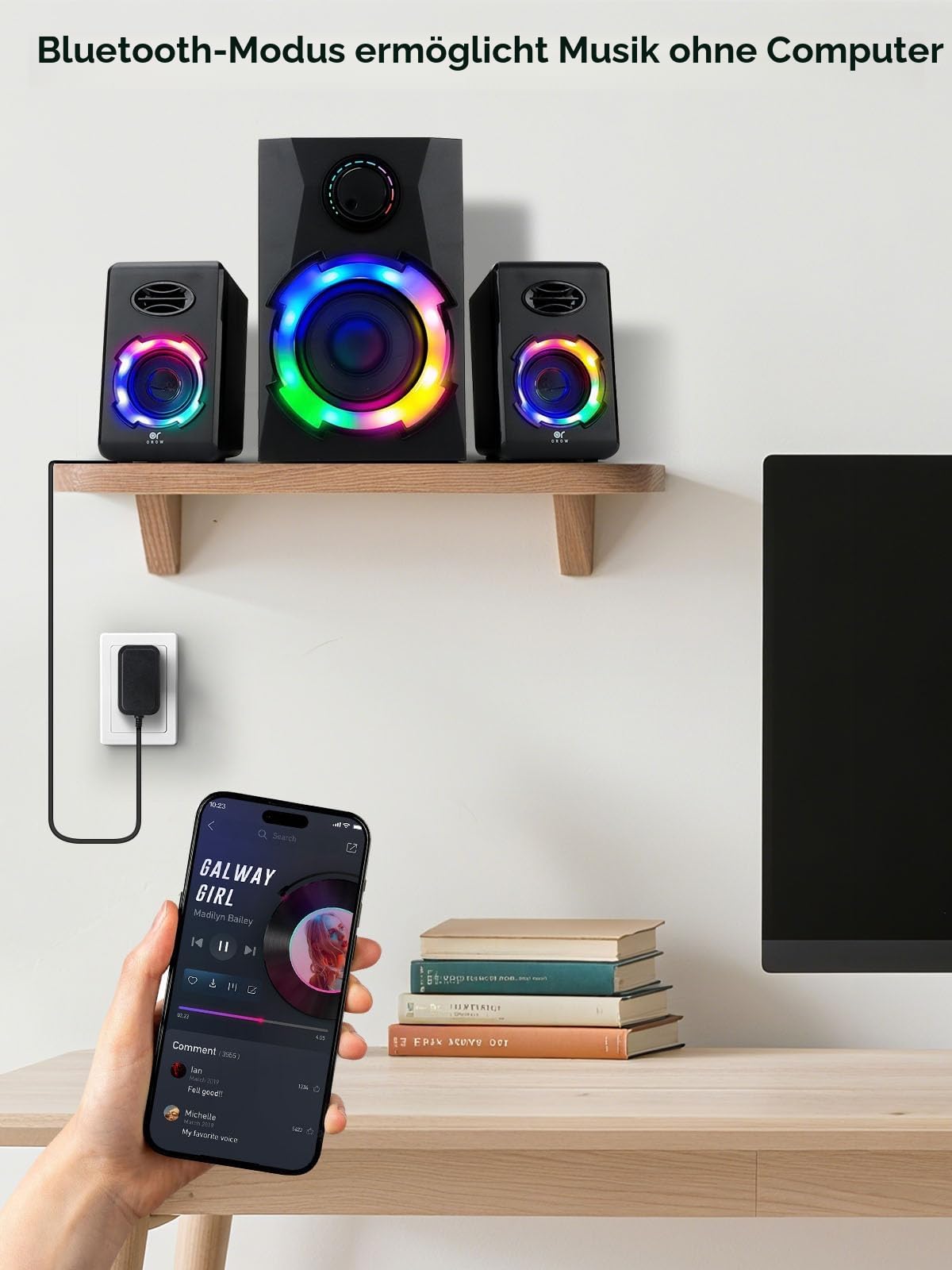 OROW PC Lautsprecher,2.1 Lautsprecher mit subwoofer,40W RGB Gaming Lautsprechers, Musik-Sync LED-Beleuchtung,Bluetooth/USB/TF/AUX Anschlüsse,Computer Lautsprechers für PC/TV (2.1 PC Lautsprecher)