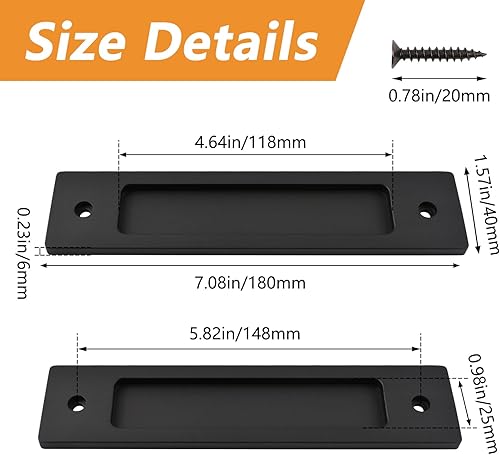 Miniatura 2 de MOROBOR Tiradores rectangulares empotrados para puerta corredera, 2 tiradores de aleación de aluminio negros para puerta de armario con tornillos de