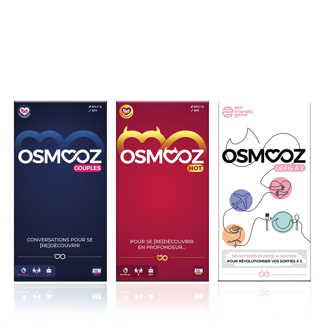ATM Gaming Pack St Valentin - 3 OSMOOZ – Jeux de Couple – Idée Cadeau Couple idéal – Cadeau Femme & Homme – Jeu de société – Cartes fabriquées en Europe - Couple, Red et Défis à 2
