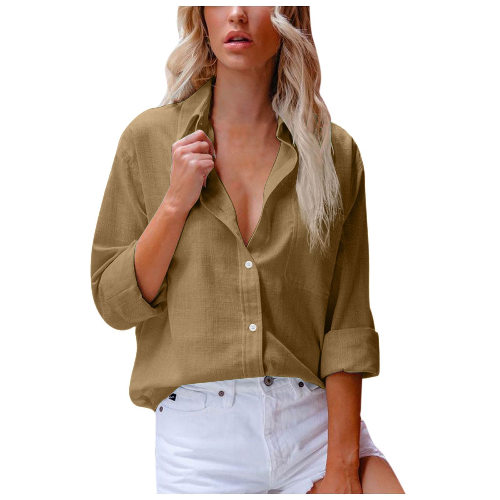 Oggfader Long Sleeve Button Down Cotton Linen Shirts Women 2023 Fall Lightweight Lapels Solid Front Pocket