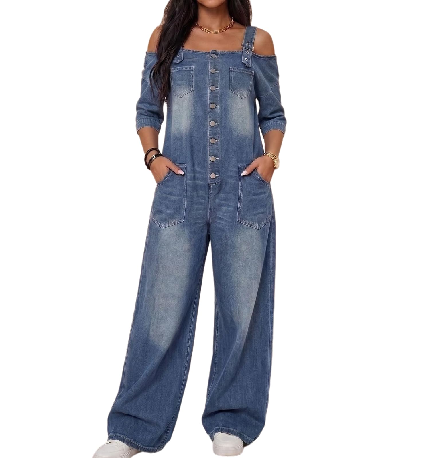 Combinaison en Jean pour Femmes, Sexy, épaules dénudées, Manches Courtes, Coupe Ample, Longue Barboteuse en Jean avec Poches