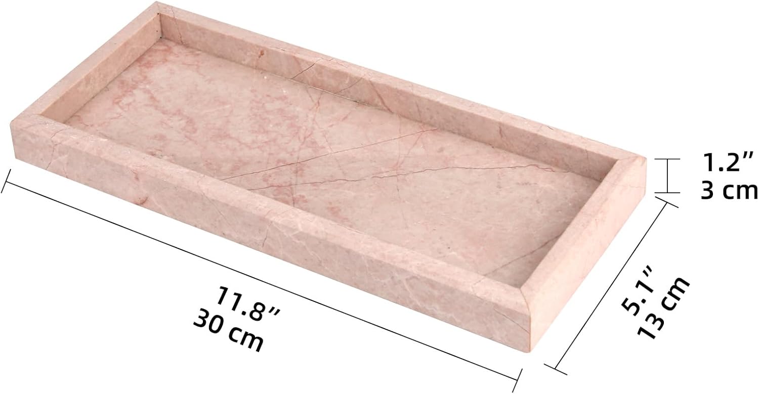 Marble Bathroom Vanity Tray, Natural Luxury Vanity Home Kitchen Bathroom Table Tray, Stone Decorative Countertop Dresser Trays for Key Coffee Perfume Jewelry Makeup (Pink/Cream Rose, 12"x 5" x1.2")