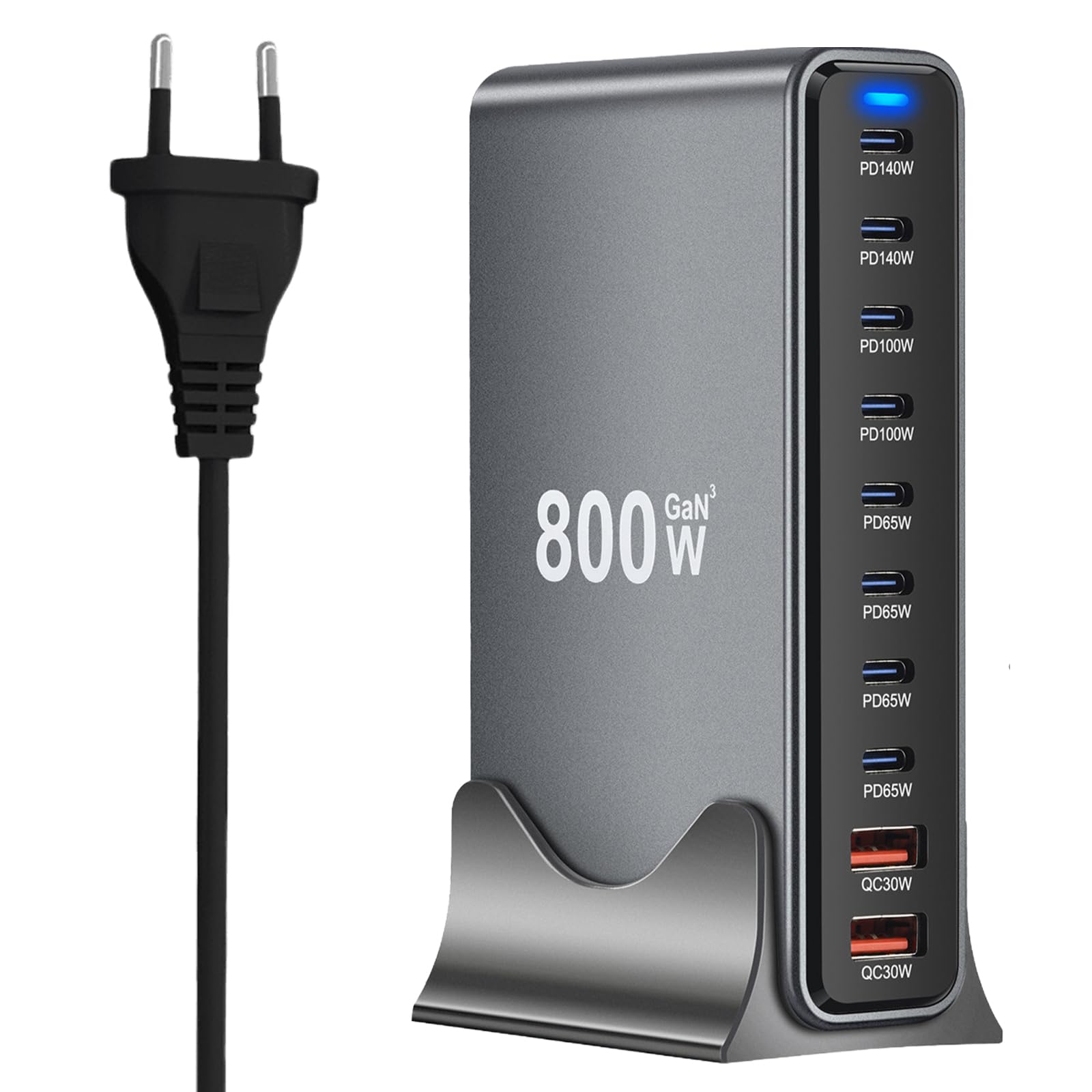Chargeur USB-C 10 Ports 800 W : Adaptateur de Charge Rapide avec GaN III et PD 3.1, doté de 8 Ports USB-C et 2 Ports USB-A PD PPS, Alimentation de 140 W pour MacBook