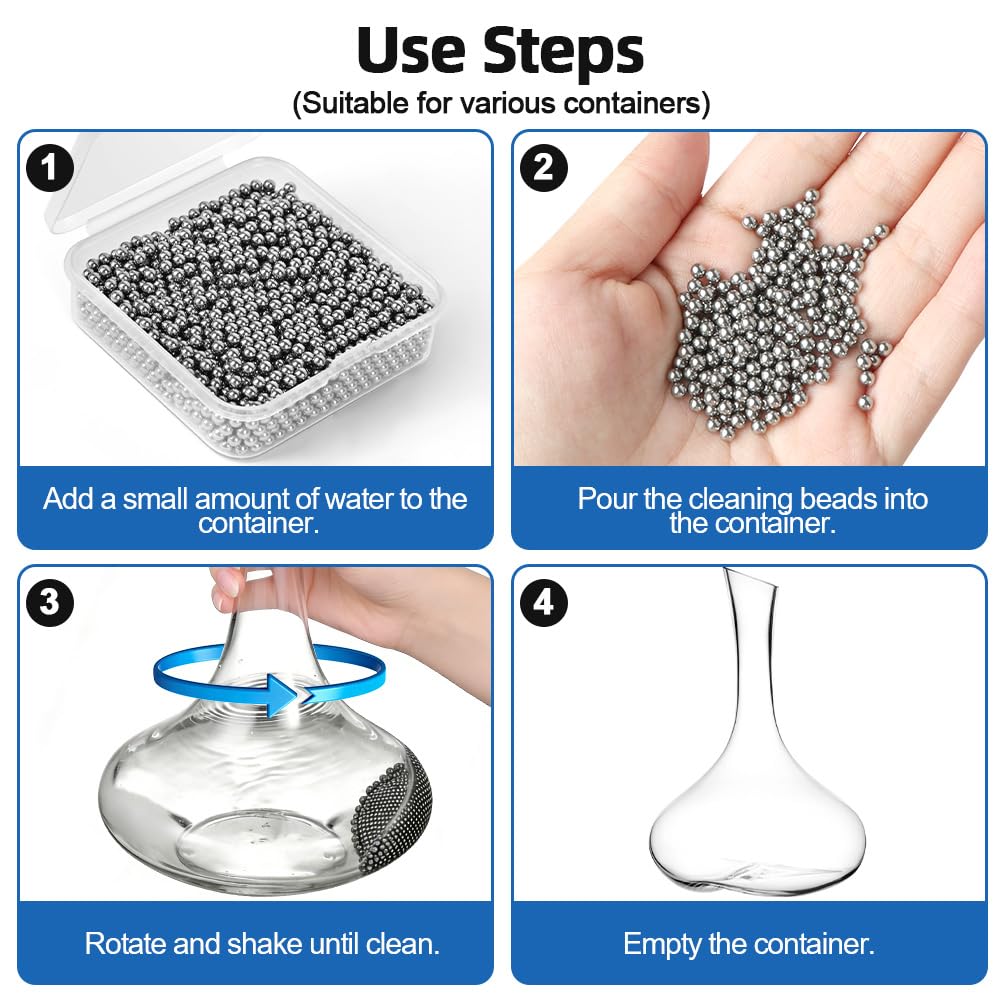 URAQT 1200 Unidades Bolas Limpiadoras de Acero Inoxidable con Caja, Perlas de Limpieza Reutilizables, Limpia Botellas para Decantadores, Jarrones y Botellas de Agua