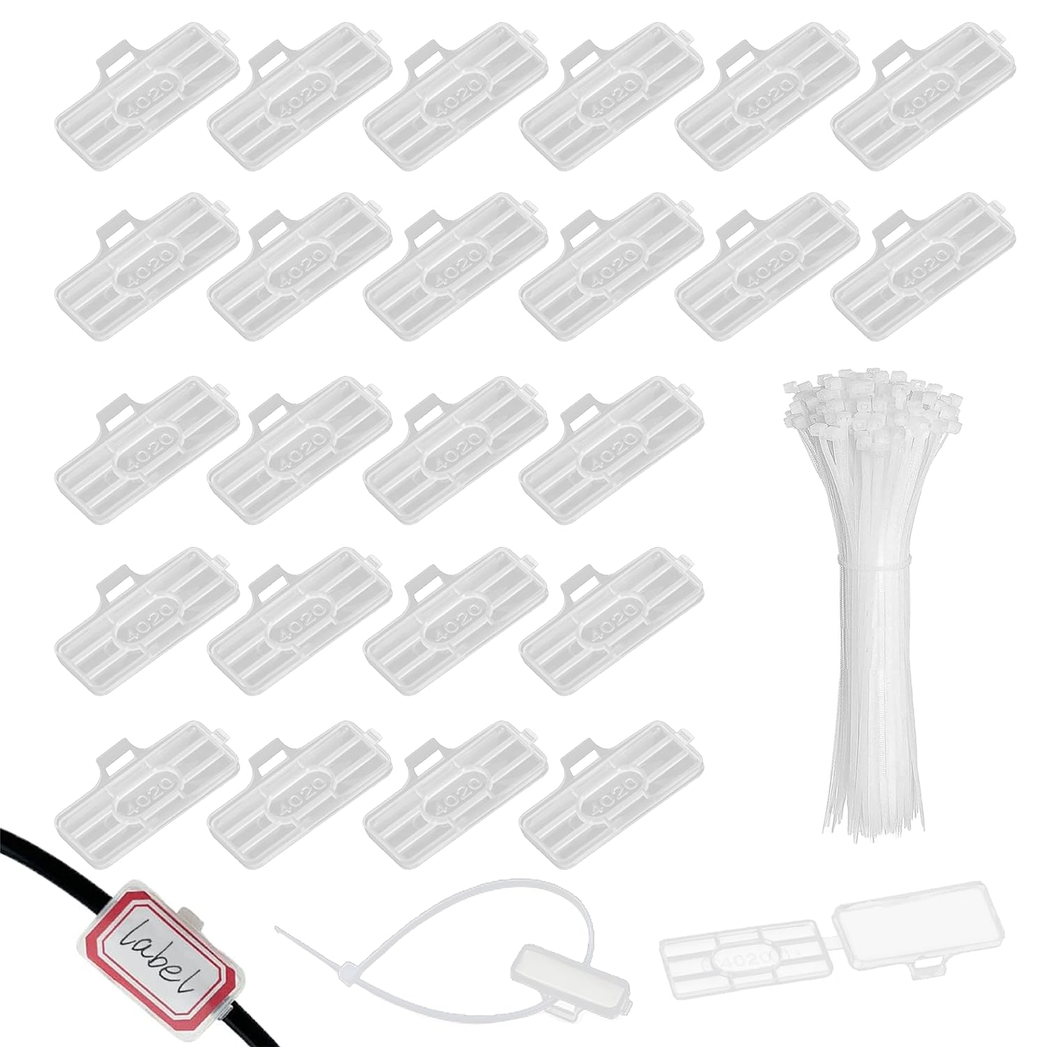 RHQFDM 30Pcs Cable Labels,Transparent Cable Labelling Clip,Waterproof Cable Labelling Identification Box with 30Pcs Nylon Cable Ties,for Labelling and Sorting All Types of Cables(4020)