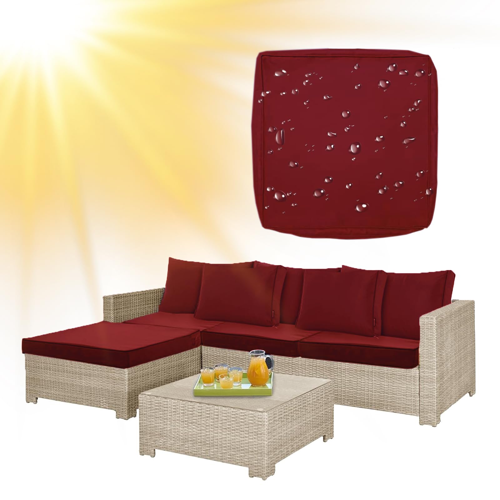 SYLC Water Repellent Patio Cushion Covers UV Resistant Garden Rattan Cushion Covers with Zipper Outdoor Couch Cushion Slipcovers for L Shape/Corner (1 pc 55×45×10 cm,Wine red)