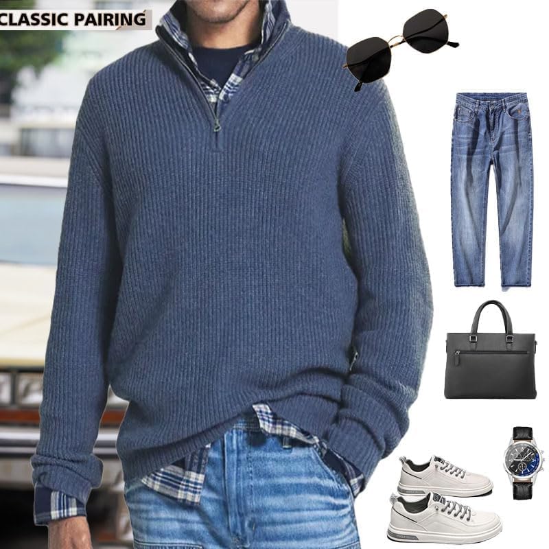 Men's Cashmere Business Casual Zipper Sweater,2025 New Mens Polo Collar Sweaters 1/4 Zip Pullover3