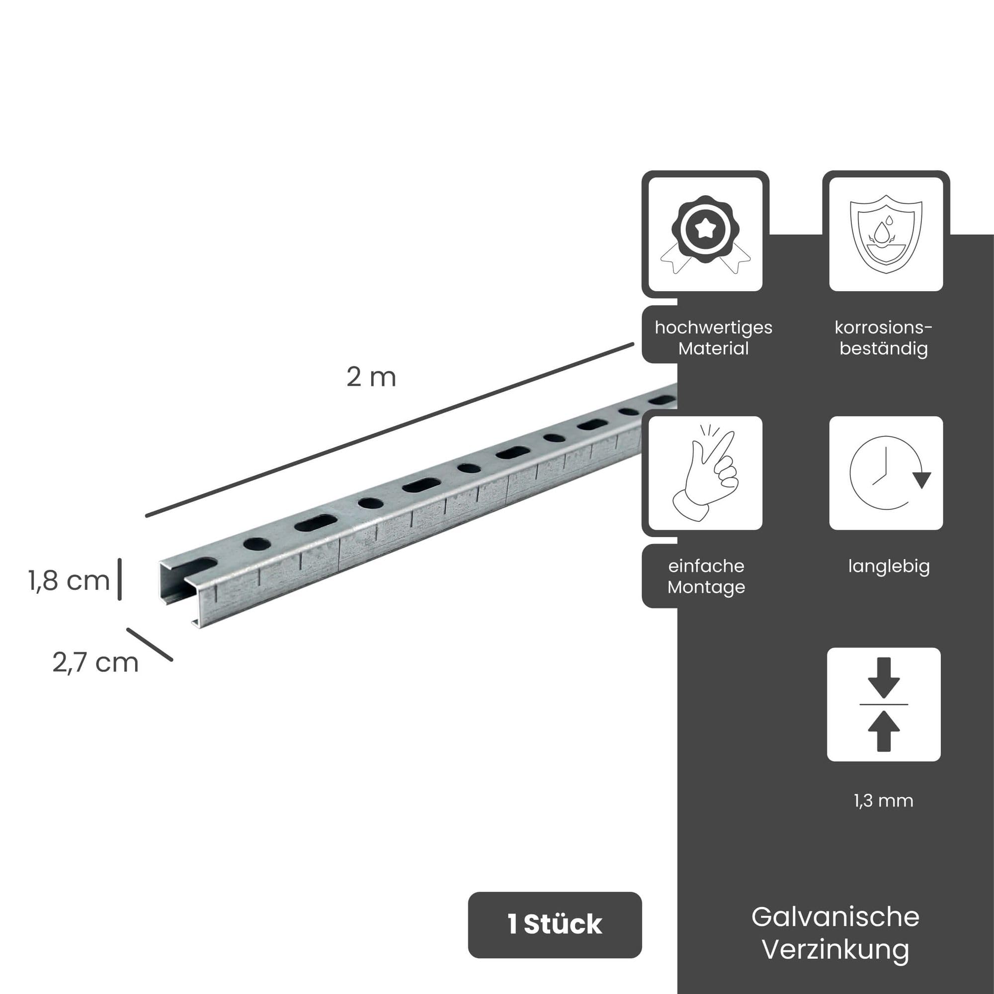 Montageschiene 27/18, Schienenkonsole Silber 200cm, Lochschiene, C-Profilschiene, U-Schiene, u.a. zur Bildung von Traversen