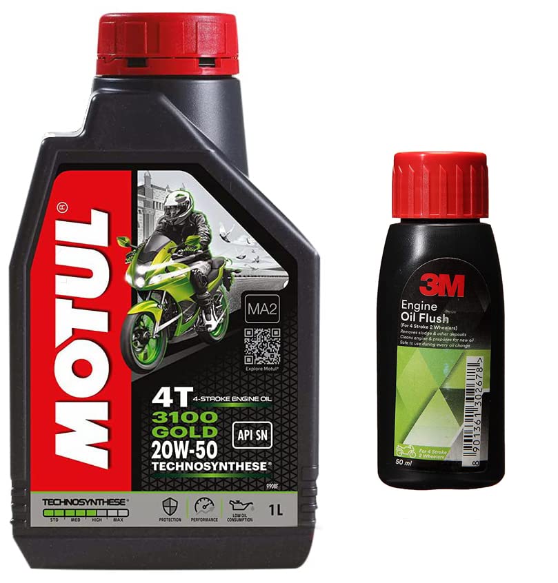 Image of 3M 2wh Engine Oil Flush (50 ml) + Motul 3100 4T Gold 20W50 API SM Technosynthese High Performance Semi Synthetic Engine Oil for Bikes