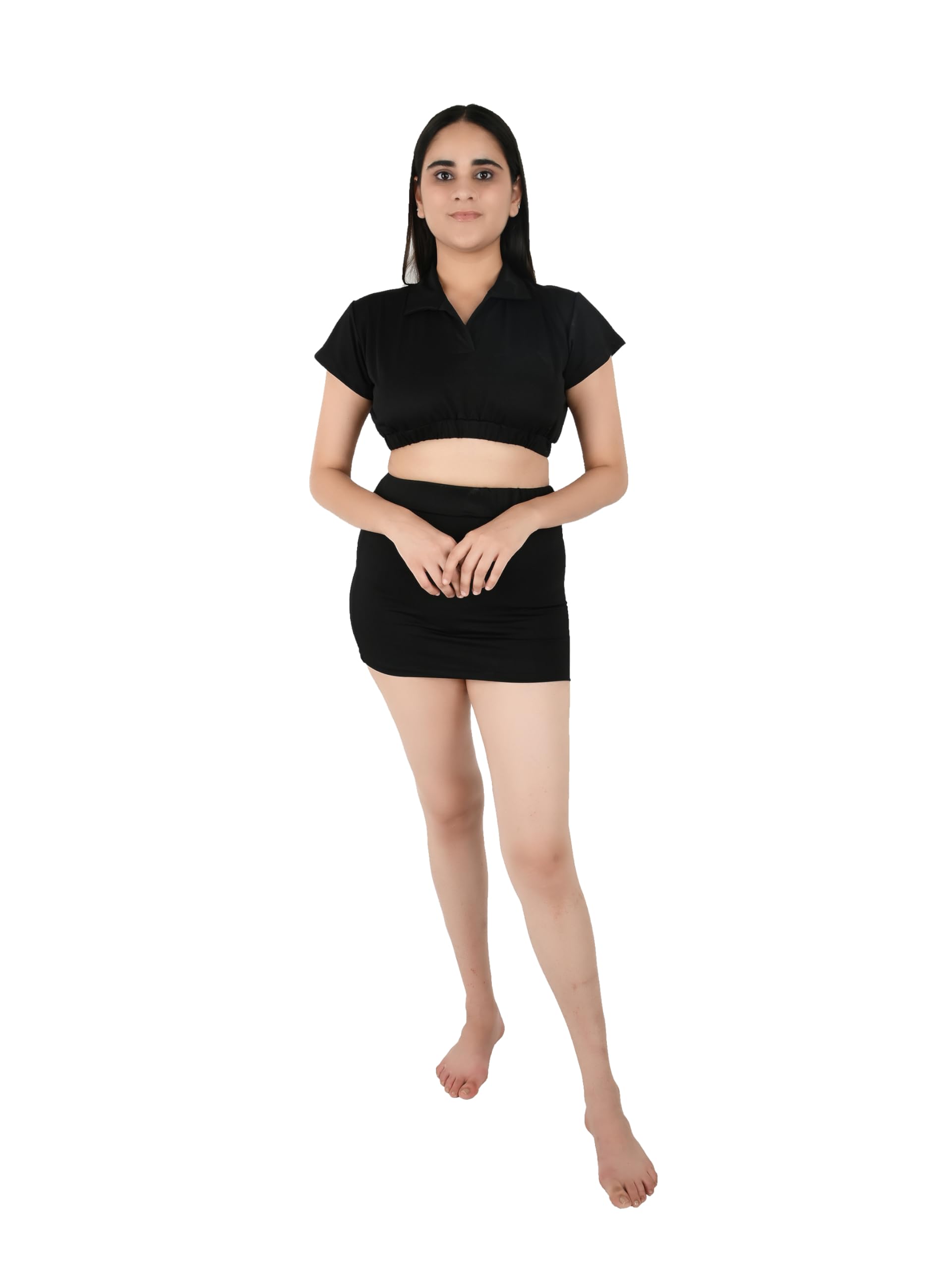 Solid Collard Top with Mini Skirt Set for Women Teen-image-21