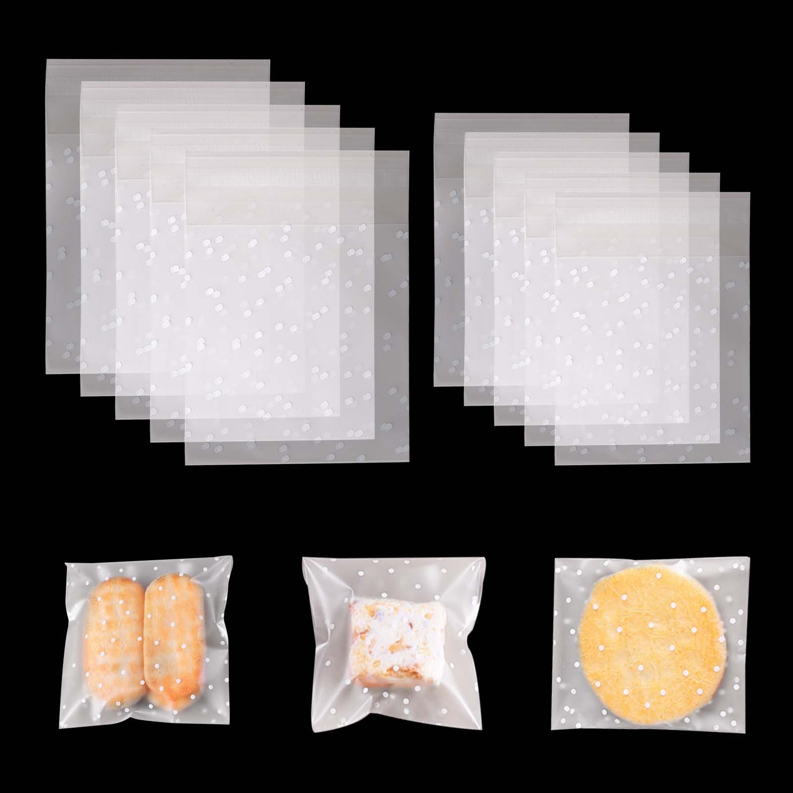 Tweozek Transparent 200 Pcs Cookie Bags, Clear Cellophane Bags Self Adhesive Biscuit Bag White Polka Dot Small Cellophane Bag Clear Frosted Plastic Package For Sweet Cookie Biscuit Candy Chocolates (10X10cm&7X7 Cm)